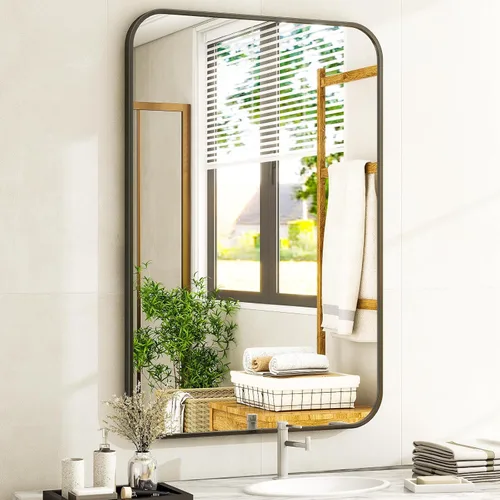 Vista 23 de Espejo de baño negro de 30"x22" - Espejo moderno para pared con esquinas redondeadas, espejos de baño para tocador, espejo enmarcado de aleación