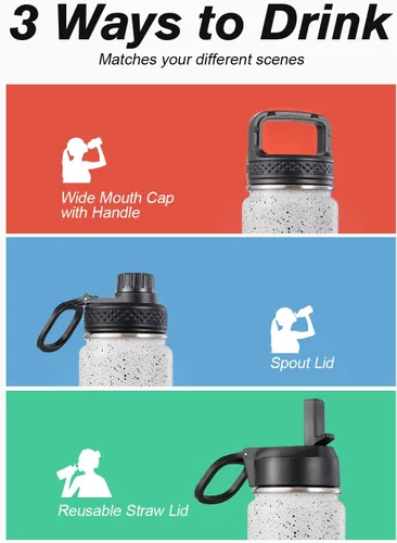 Vista 5 de Coolflask Botella de agua de 20 onzas aislada con pajilla, 3 tapas de metal de acero inoxidable, botella de agua de boca ancha para deportes u