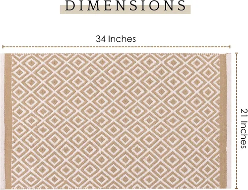 Vista 2 de RAJRANG Alfombra de baño de algodón tejida con patrón geométrico de diamante, alfombras reversibles, lavables a máquina, duraderas, color beige