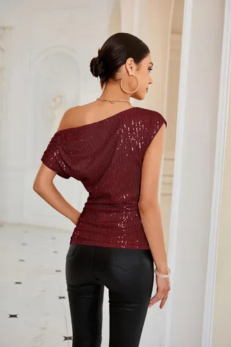 Vista 3 de GRACE KARIN Blusas brillantes de lentejuelas de un hombro para mujer, con purpurina asimétrica fruncida, adelgazante, camisas de fiesta brillantes