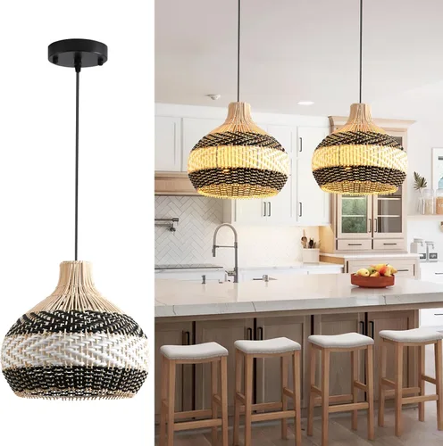 Vista 11 de Lámpara Colgante de Ratán 1 Paquete Candelabro de Cesta de Ratán Sintético Negro Blanco 11.8" Boho Tejido a Mano Ovalado de Mimbre Lámpara Colgante