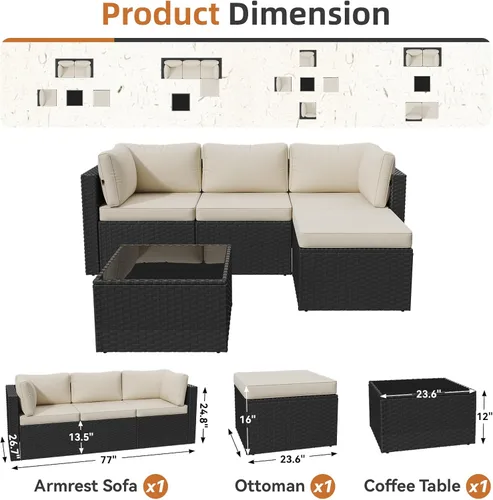 Vista 8 de Aoxun Juego de muebles de patio de 5 piezas, sofás seccionales para exteriores con cojín lavable, juegos de conversación de mimbre para patio Beige