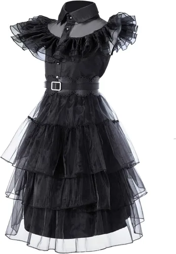 Vista 2 de Moiegouct Wednesday Addams - Disfraz de Addams, vestido negro de Addams, disfraz de fiesta de Halloween para niños y niñas con peluca, cinturones