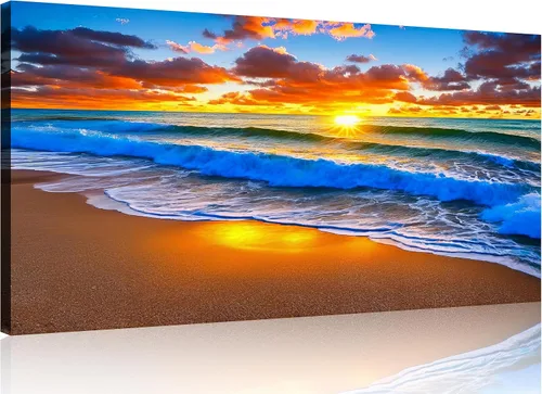 Vista 19 de TutuBeer 3 paneles de fotos de playa, arte de pared, diseño de mar azul, playa blanca al amanecer, imágenes impresas en lienzo, imágenes del océano