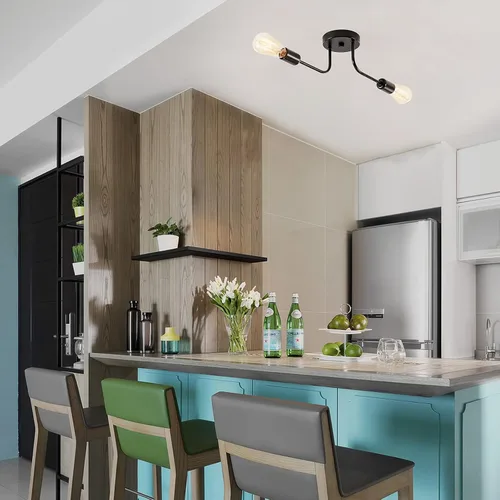 Vista 4 de 2 lámparas de techo industriales semiempotradas con ramificación de metal ajustable, soporte E26, pintado en negro, para cocina, sala de estar