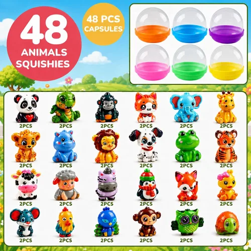 Vista 6 de 48 piezas de juguetes blandos de animales con cápsulas premios para el aula
