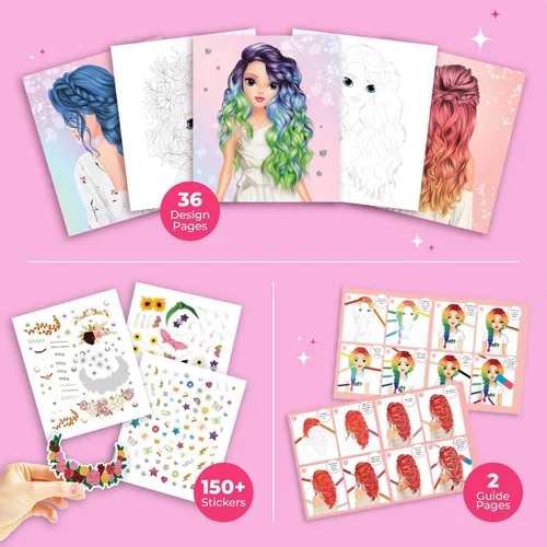 Vista 3 de BSCOOL - Libro de dibujo, colorear y actividades. Crea peinados con pegatinas y guías. Cuaderno de bocetos de diseño de moda para niños de 5 años