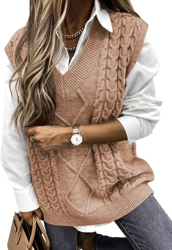 Vista 38 de EVALESS Chaleco Suéter de Gran Tamaño para Mujeres Cuello en V Sin Mangas Color Sólido Suéter Pullover Suelto 1 caqui.