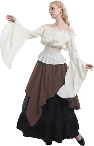 Vista 2 de CR ROLECOS Disfraz renacentista para mujer, vestido medieval campesino, manga trompeta, camisa y falda victoriana