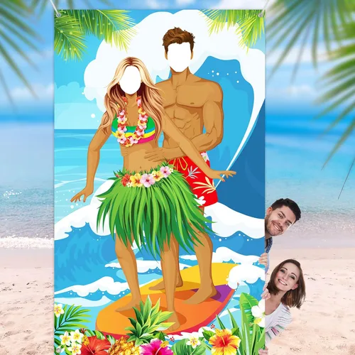 Vista 8 de Frienda Luau - Cartel de fotos para puerta de pareja, decoración de fiesta hawaiana de Tiki Luau, accesorios de fotos de Aloha Tiki para reunirse