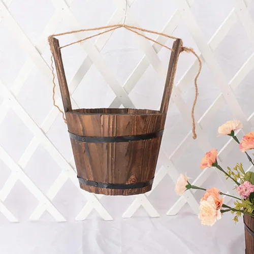 Vista 9 de DOITOOL Macetas colgantes rústicas de madera, maceta colgante de cubo rústico de madera para deseos, maceta para suculentas, maceta para patio