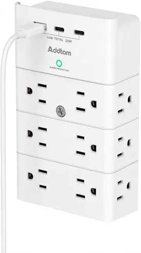 Vista 10 de Addtam Toma de pared con enchufe múltiple, protector de sobretensiones con extensor de 12 tomas de corriente de 4 lados y 3 puertos USB (1 USB-C)