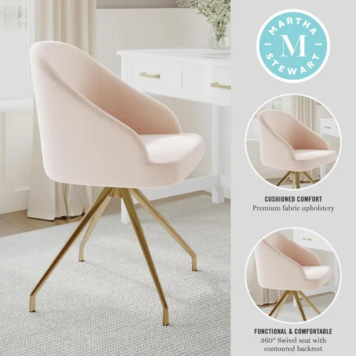 Vista 4 de Martha Stewart Sora Silla de Trabajo Giratoria Fija con Brazos Inclinados para Oficina en Casa en Tela Conch Shell con Marco de Latón Pulido