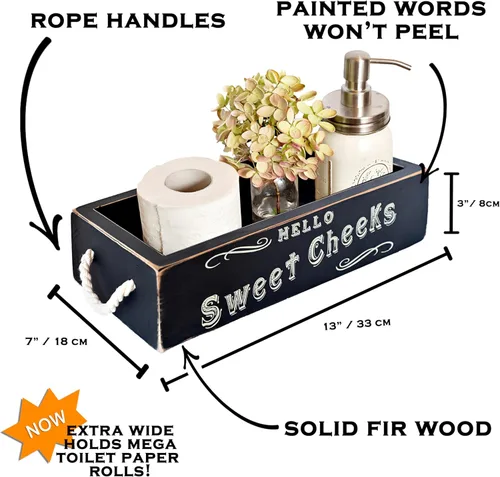 Vista 2 de MAINEVENT - Caja de decoración de baño con frase "Hello Sweet Cheeks", una caja con diseño en 2 lados, organizador de baño de estilo granja