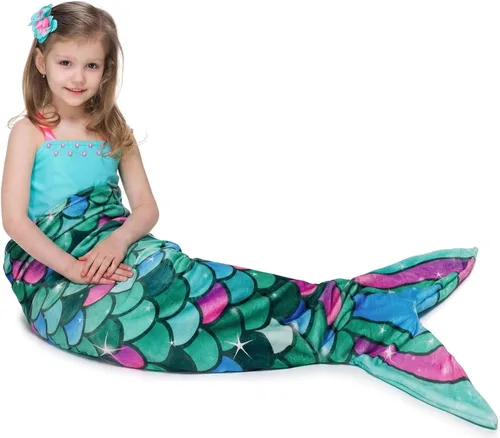 Vista 13 de WERNNSAI Manta de Cola de Sirena para Niños - Manta Ponible de Sirena que Brilla en la Oscuridad para Niñas de Invierno Franela Suave con Escamas