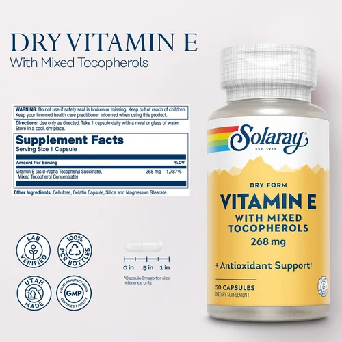 Vista 2 de SOLARAY Vitamina E 400 UI (268 mg), forma seca con tocoferoles mixtos Vitamina E - Suplemento antioxidante, PMS y apoyo para la menopausia