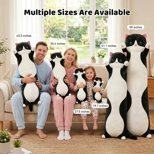 Vista 5 de Almohada de Cuerpo Largo de Felpa de Gato Bonito – Muñeca Suave de Peluche de Dibujos Animados, Juguete de Abrazo de Peluche de Gato Kawaii