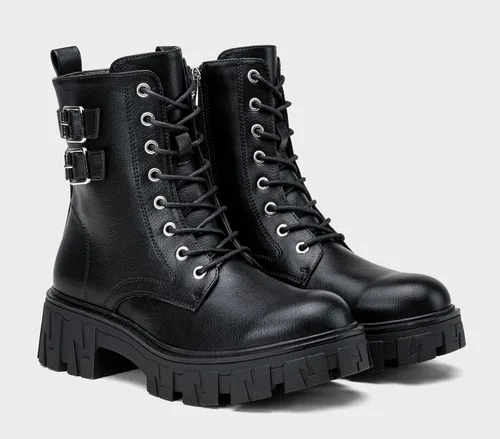 Vista 6 de Vepose Botas de combate para mujer, botines de plataforma con cordones y tacón grueso con cremallera