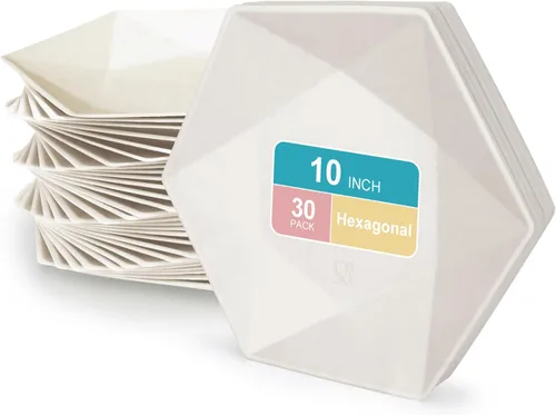 Vista 17 de Paquete de 30 platos de papel desechables de 8 pulgadas, platos de papel hexagonal azul, platos de postre 100% biodegradables para bodas