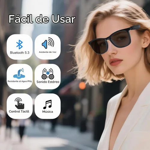Vista 3 de Quaoar Lentes de audio Bluetooth inteligentes con doble altavoz, micrófono de oído abierto, disparo remoto, asistente de voz para mujeres/hombres