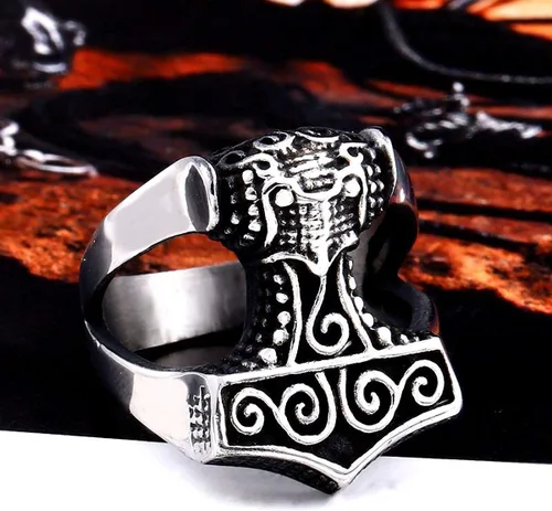 Vista 3 de BAVIPOWER Thors Hammer Mjolnir Viking Anillo para hombres 316L Acero inoxidable nórdico Vikingos Escandinavos Joyería