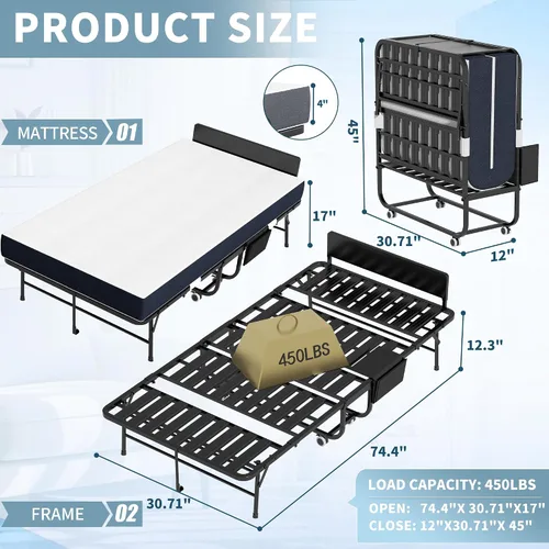 Vista 2 de Cama plegable, camas portátiles de 75 x 31 pulgadas para adultos, marco de metal resistente y resistente, cama plegable con ruedas