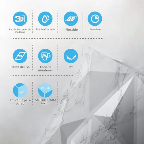 Vista 7 de Art3d Textures - Paneles de pared 3D con diseño de diamante de mármol blanco brillante para decoración de pared interior, paquete de 12 azulejos