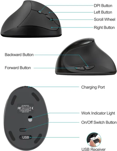Vista 8 de Lekvey Ratón ergonómico, mouse inalámbrico vertical para manos pequeñas/medianas, recargable con receptor USB, 3 DPI para mayor comodidad, alivia