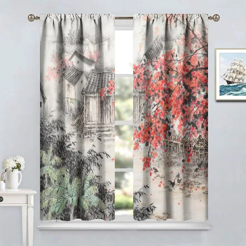 Vista 4 de Cortina asiática, flor de cerezo japonés, montañas brumosas de ciruelo rojo asiático, pintura de tinta tradicional, paisaje chino oriental