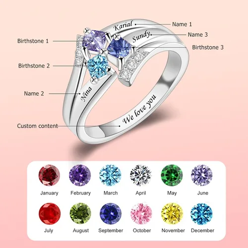 Vista 2 de MissNaNa Anillos personalizados de plata de ley 925 con piedras de nacimiento de imitación grabadas de 1 a 6 nombres de familia, anillos para el día