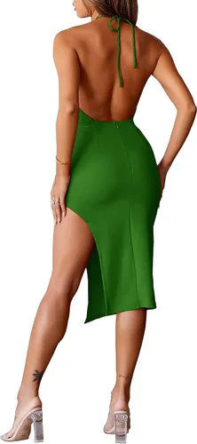 Vista 2 de Tsher Elegante vestido midi formal para mujer, con cuello halter, con lazo en la espalda, color verde