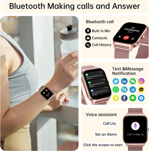 Vista 2 de Reloj inteligente para mujer con rastreador de ejercicios: relojes inteligentes de marca/respuesta de llamada de oro rosa para mujer, relojes