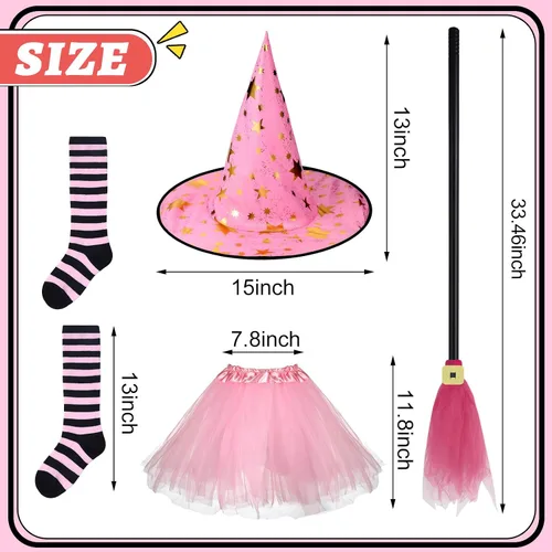Vista 2 de Panitay Disfraz de bruja de Halloween para niñas pequeñas, incluye sombrero tutú rosa escoba y calcetines