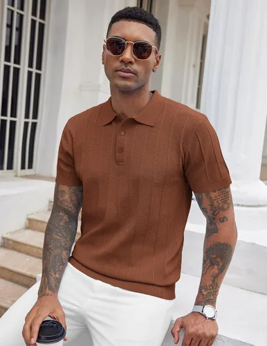 Vista 133 de COOFANDY Camisas polo de punto para hombre de manga corta con textura acanalada Camisas de golf casuales y ligeras con cuello Camiseta de polo