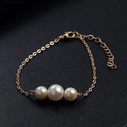 Vista 2 de Pulseras brazalete, moda mujer brillante imitación perla encanto pulsera cadena ajustable brazalete joyería - oro, Bambú