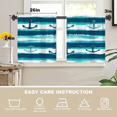 Vista 5 de Maritime Ocean Blackout Tier Curtains, Anchors Nautical Art Half Window Drapes for Kitchen with Rod Pocket,Room Darkening 2 Pack 26X24 Inches