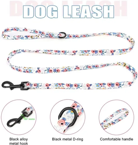 Vista 4 de Beirui Lindo juego de collares, arneses y correas para perro hembra, juego de collar y correa ajustable con flor - Arnés de malla suave para Azul