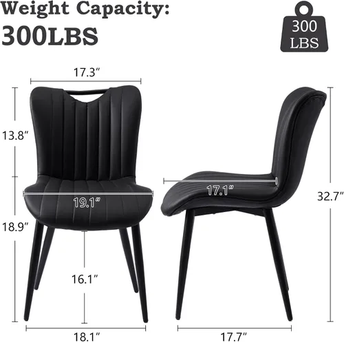 Vista 2 de Juego de 2 sillas de comedor tapizadas de cuero, modernas sillas de comedor de cocina de mediados de siglo con patas de metal negro, sillas