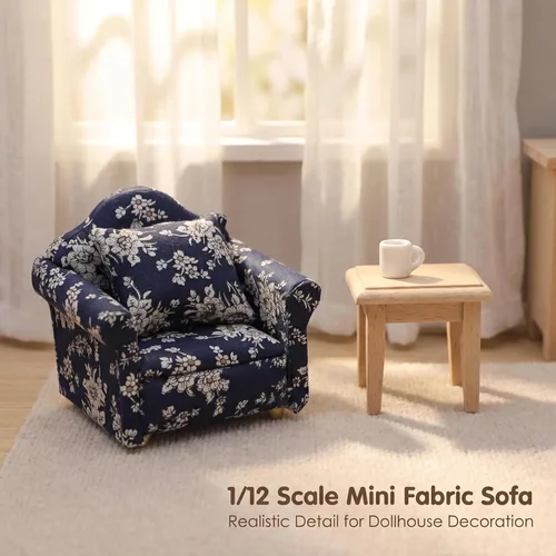Vista 6 de Sofá de casa de muñecas con almohada a escala 1/12, muebles en miniatura, color azul Miniature 2 pcs high simulation upholstered fabric & wood