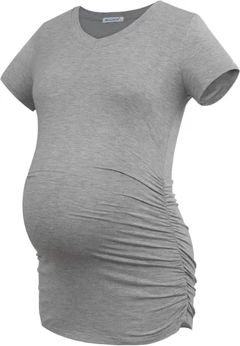 Vista 5 de Smallshow Ropa de maternidad con cuello en V para mujer, camiseta de embarazo fruncida lateral