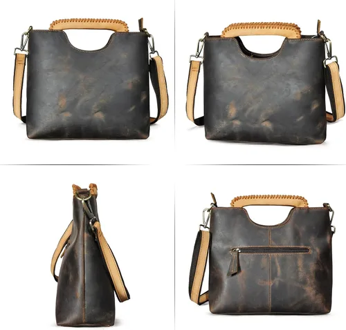 Vista 4 de Handadsume Bolso cruzado de cuero genuino de caballo loco grueso bolso de hombro con asa superior para las mujeres 6640