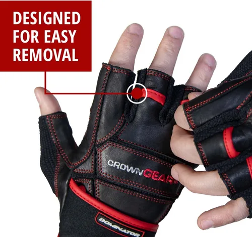 Vista 3 de Guantes de levantamiento de pesas para gimnasio, fitness, fisicoculturismo, guantes de entrenamiento cruzado de cuero Dominator Crossfit, con correa
