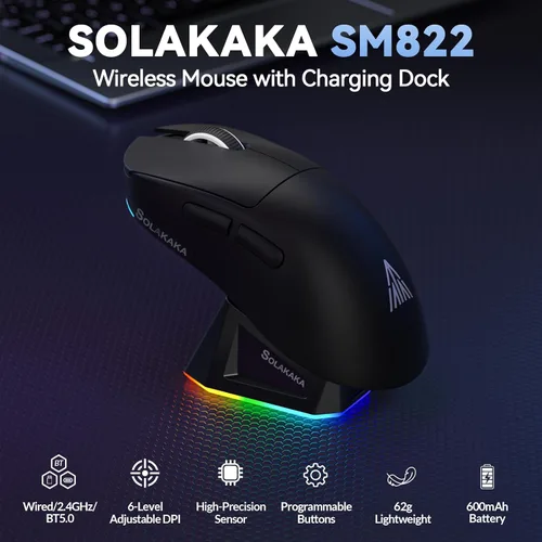 Vista 2 de SOLAKAKA SM822 - Mouse inalámbrico para juegos con base de carga, mouse inalámbrico de tres modos, sensor óptico PAW3311, hasta 24,000 DPI, mouse