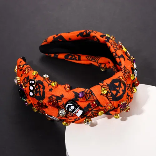 Vista 6 de Diadema ancha con nudo superior y cuentas de perlas de cristal, adorno de calabaza y caramelo de calabaza, accesorio de Halloween para mujer