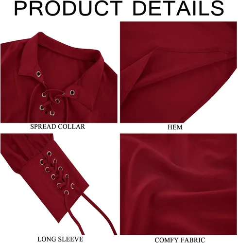 Vista 6 de Camisas medievales de pirata renacentista para hombre, con cordones, disfraz vikingo, mercenario, escocés, camisetas de jacobita ghillie, rojo
