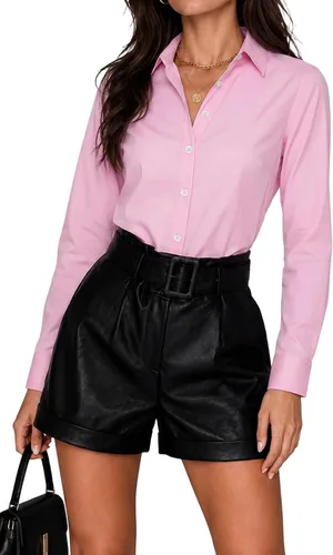 Vista 8 de Blusas de negocios para mujer, de manga larga, sin arrugas, con botones, ajuste clásico, cuello para el trabajo y la oficina
