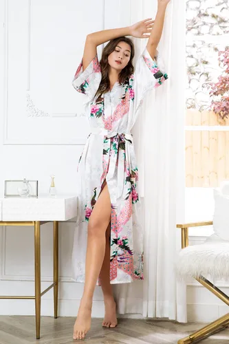Vista 3 de BABEYOND Kimono de mujer bata larga con pavo real y flores estampado Kimono camisón