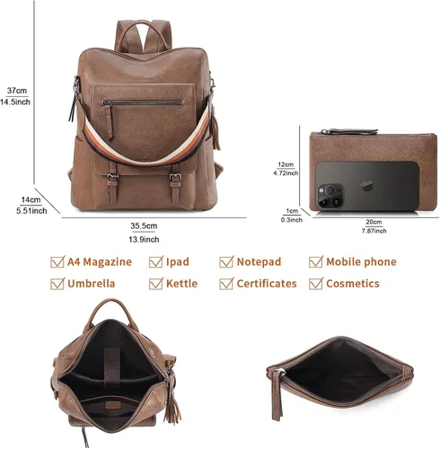 Vista 3 de Mochila para mujer, mochila de cuero de gran capacidad, bolso de viaje de diseñador para mujer, bolso de hombro con muñequeras