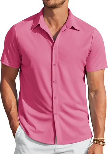 Vista 26 de COOFANDY - Camisas sin arrugas para hombre, casual, manga corta, con botones, de verano, elástica, de vestir