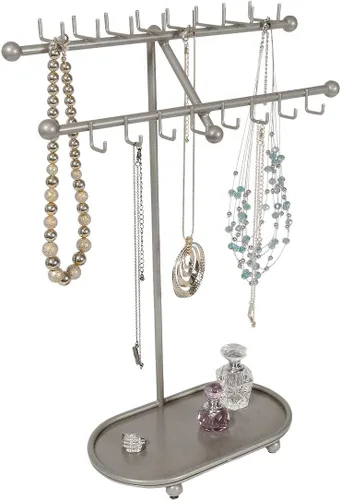 Vista 2 de Designers Impressions JR21-SN - Organizador de árbol de níquel satinado, soporte para collares y estante de exhibición de joyas con bandeja